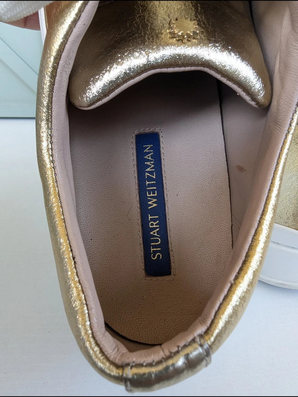 Stuart Weitzman Metallic Gold Pearl-Trim Sneakers